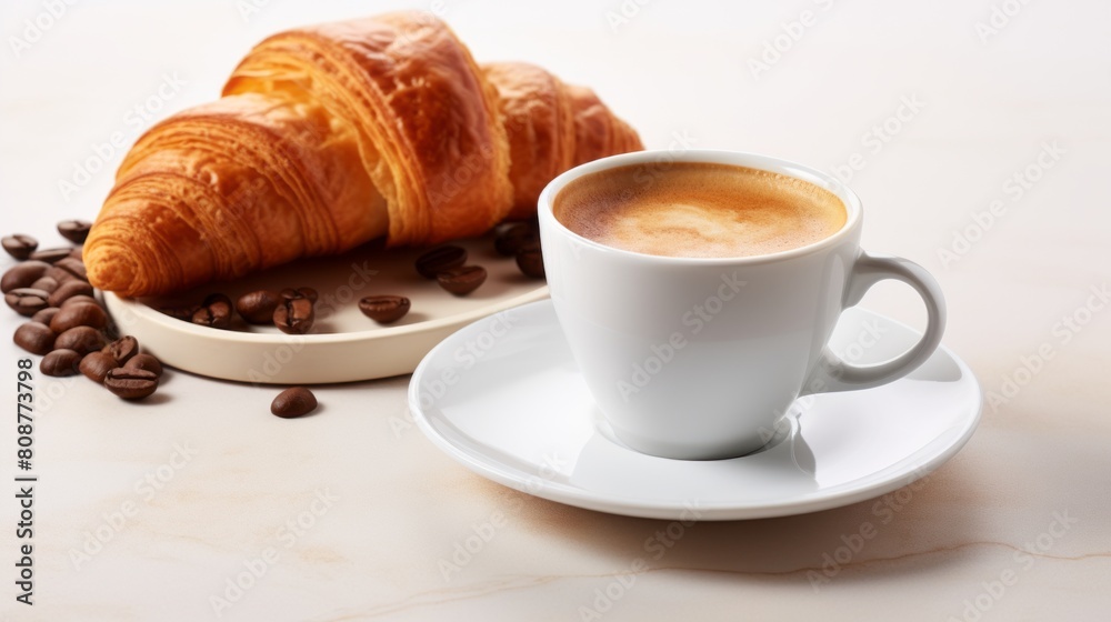 a steaming cup of coffee next to two golden croissants on a light surface a steaming cup of coffee next to two golden croissants on a light surface