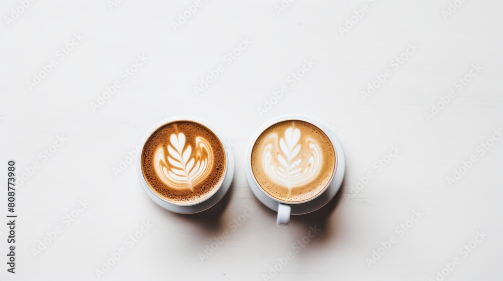 two cups of latte art coffee on a white surface top view two cups of latte art coffee on a white surface top view