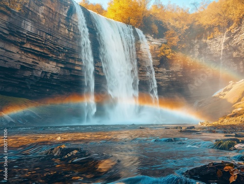 A waterfall with a rainbow in the background. The waterfall is surrounded by rocks and the water is calm. The rainbow adds a sense of magic and wonder to the scene