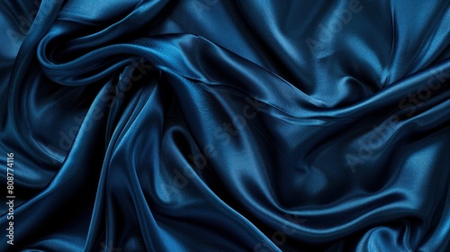 Dark blue silk satin. Soft folds. Fabric. Navy blue luxury background. Space for design.Wavy lines.Banner. Wide.Long. Flat lay, top view table. Beautiful. Elegant. Birthday, Christmas, Valentine's Day