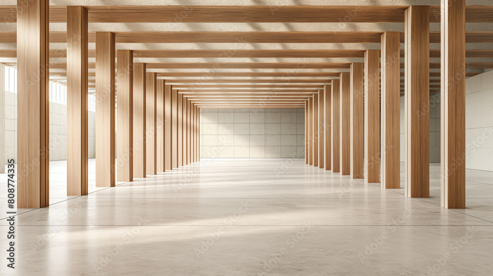 Spacious interior design of a corridor with wood columns and beams, and a polished floor Spacious interior design of a corridor with wood columns and beams, and a polished floor