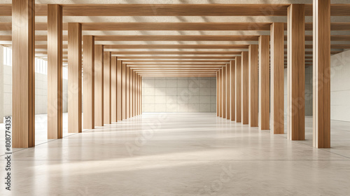 Spacious interior design of a corridor with wood columns and beams, and a polished floor
