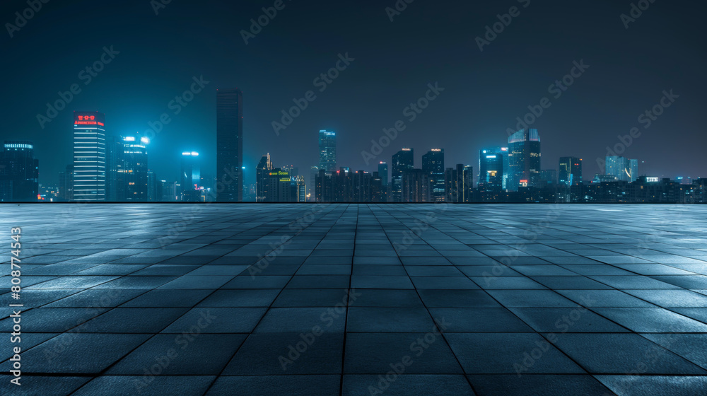 Urban nightscape: city skyline from a tiled platform