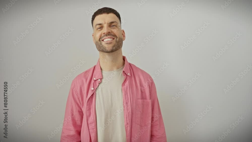 Cheery young hispanic man stands confidently, wearing a shirt and flashing a toothy grin of felicity. glowing with positivity and a friendly attitude, he's isolated against a white background. Cheery young hispanic man stands confidently, wearing a shirt and flashing a toothy grin of felicity. glowing with positivity and a friendly attitude, he's isolated against a white background.
