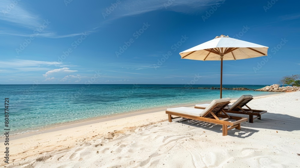 A panoramic view of the white sandy beach with two wooden sunbeds under an umbrella