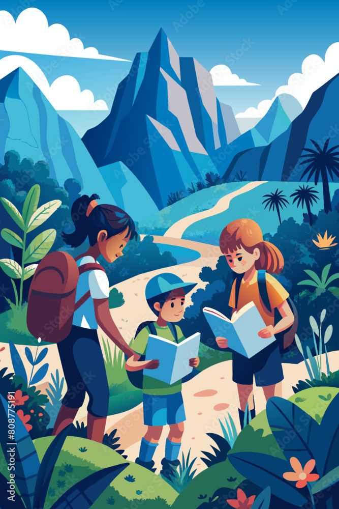 Family Adventure in a Scenic Mountain Landscape: Trekking with Map Family Adventure in a Scenic Mountain Landscape: Trekking with Map