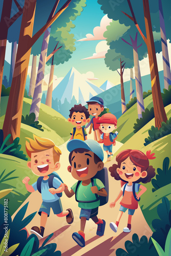 Joyful Children on a Forest Adventure Hike
