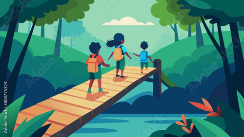 Adventure Awaits: Children Exploring Nature on Forest Bridge