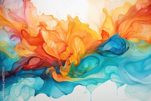 Colorful and dynamic abstract painting with expressive strokes and vibrant watercolor effects. photo