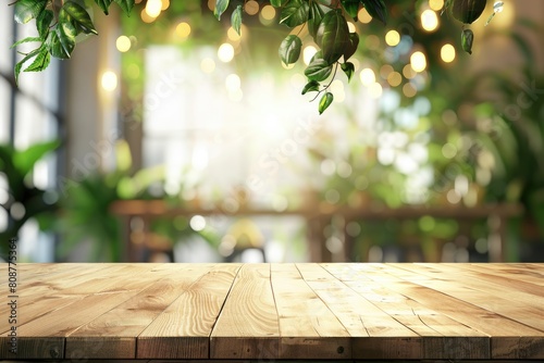 A wooden table beside a window with trees in the background