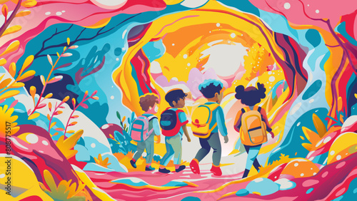 Vibrant Adventure  Children Exploring a Colorful Fantasy Landscape