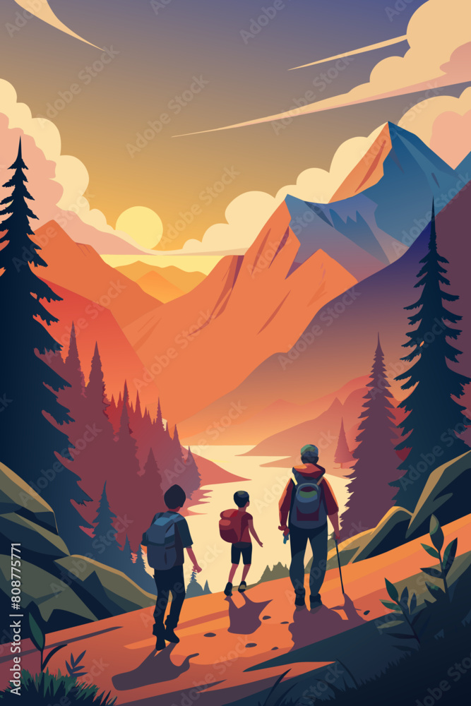 Fototapeta premium Family Hiking Adventure in Scenic Mountain Landscape at Sunset