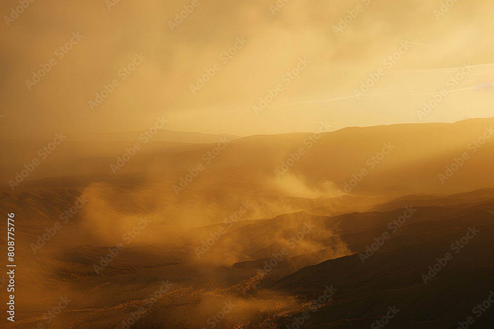 Misty golden sunset over layered hills