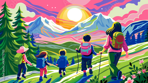 Family Hiking Adventure in Colorful Mountain Landscape at Sunrise photo