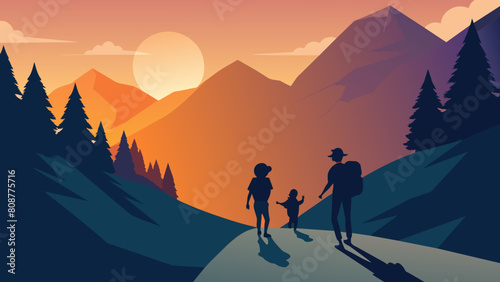 Family Hike at Sunset in Mountainous Landscape