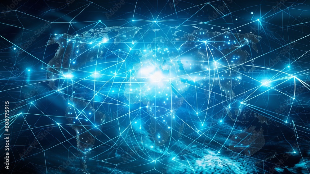 Visualize a dynamic image featuring a world map overlaid on a technological background, symbolizing the interconnectedness of global business in the digital age. Bright lines