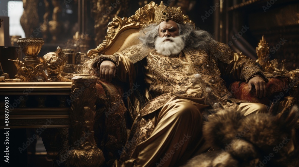 King Midas in opulent palace facing consequences of golden touch King Midas in opulent palace facing consequences of golden touch
