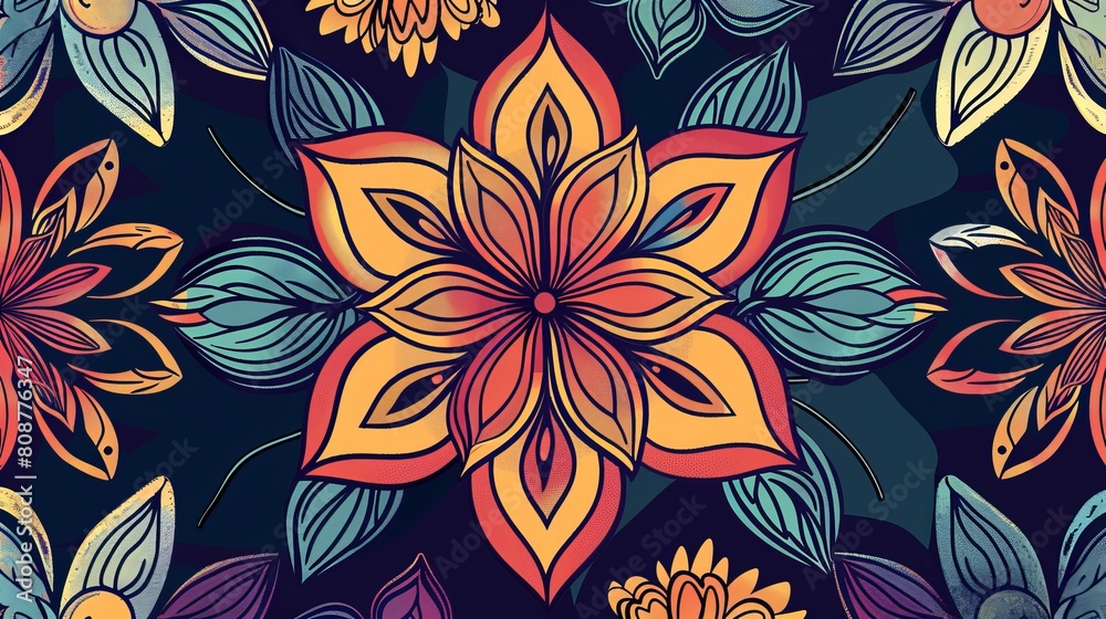 Floral ornament with symmetrical patterns and line art. It's a hand-drawn design with vibrant colors that can be used on fabrics like bandanas, shawls, hijabs, and tablecloths.