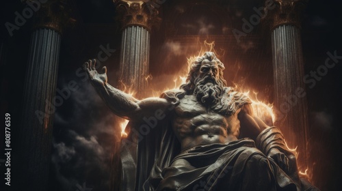 Grand Zeus statue in temple lightning symbolizing divine power photo