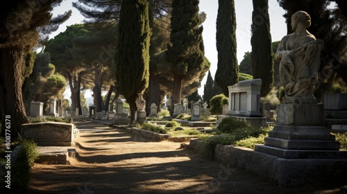 Greek cemetery tombstones adorned cypress trees in serene landscape
