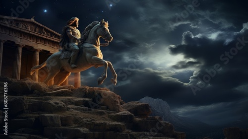 Greek hero embarks on quest majestic winged horse against celestial backdrop photo