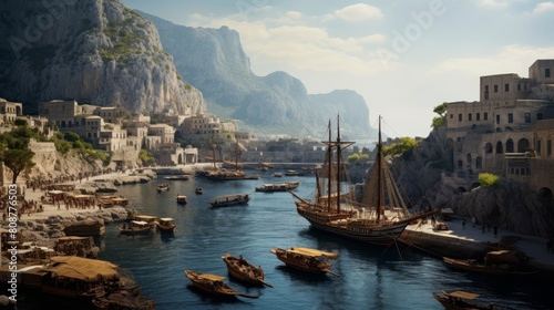 Ancient Greek harbor bustling with merchants sailors laden triremes photo