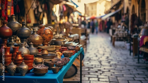 Vibrant marketplace in ancient Greek city colorful stalls exotic goods photo