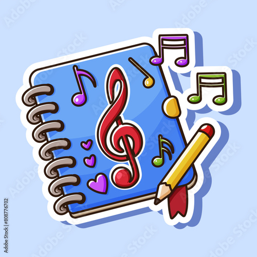 A colorful vector illustration of a notebook with music notes and a pencil on a light blue background, concept of creativity and music composition. Vector illustration