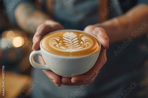 Creating a cappuccino: The artistic touch of a barista on a blurry background