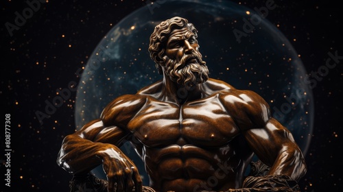 Awe-inspiring statue of Titan Atlas holding celestial globe among stars photo