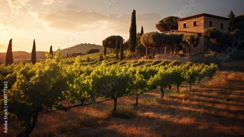 Vineyard at sunset with grapevines casting long shadows and rustic winery photo