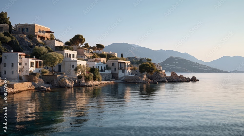 Tranquil Greek island at dawn charming cottages pristine beaches tranquil sea