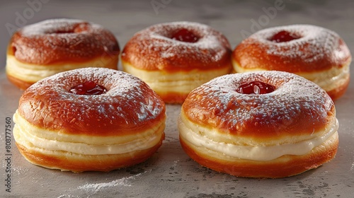   A pan of powdered doughnuts with iced doughnuts on top