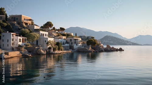 Tranquil Greek island at dawn charming cottages pristine beaches tranquil sea