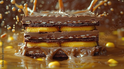  Chocolate and banana shortbread stack, drizzled with chocolate on top and bottom