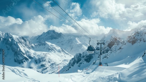 New modern spacious big cabin ski lift gondola against snowcapped forest tree and mountain peaks covered in snow landscape in luxury winter alpine resor