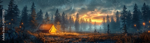 Create a CG 3D rendering of a nighttime camping scene  featuring a glowing tent surrounded by a forest  with fireflies dancing in the air and a sky full of twinkling stars above