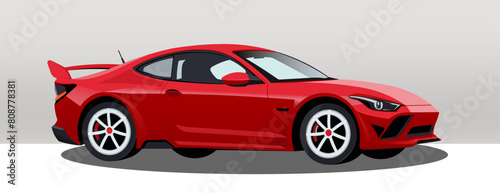 Red sports car vector illustration on a light grey background, conveying a concept of speed and luxury. Vector illustration