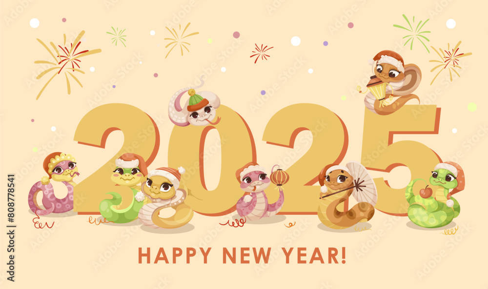 Animated snakes celebrating the New Year 2025 on a beige background with fireworks and confetti, vector illustration. Vector illustration Animated snakes celebrating the New Year 2025 on a beige background with fireworks and confetti, vector illustration. Vector illustration