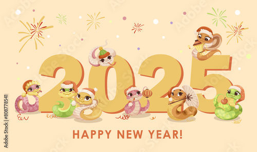Animated snakes celebrating the New Year 2025 on a beige background with fireworks and confetti  vector illustration. Vector illustration