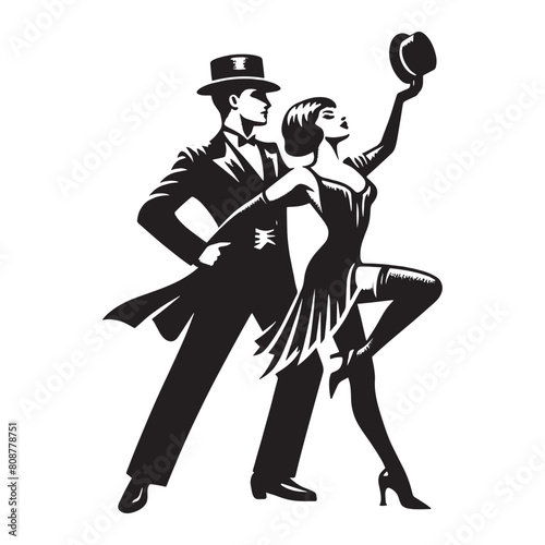 Cabaret dancers. 20s.  Beautiful young couple. Man and woman. Black vintage retro illustration. Vector. Isolated object, cut out