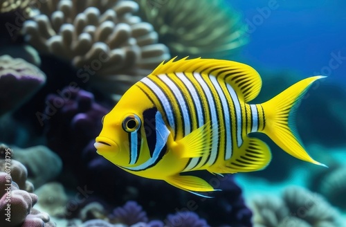 yellow striped fish swims underwater. reef fish, marine fish wild animal photo