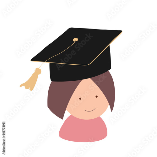 Happy cute little kid girl graduate from school. Smiling kindergarten girl in graduate hat. Vector icon illustration © Toltemara