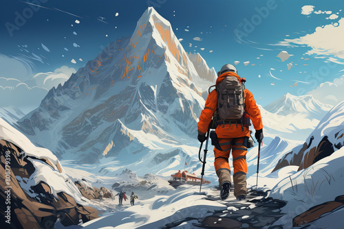 A man wearing an orange jacket is trekking up a snowy mountain, surrounded by a winter landscape