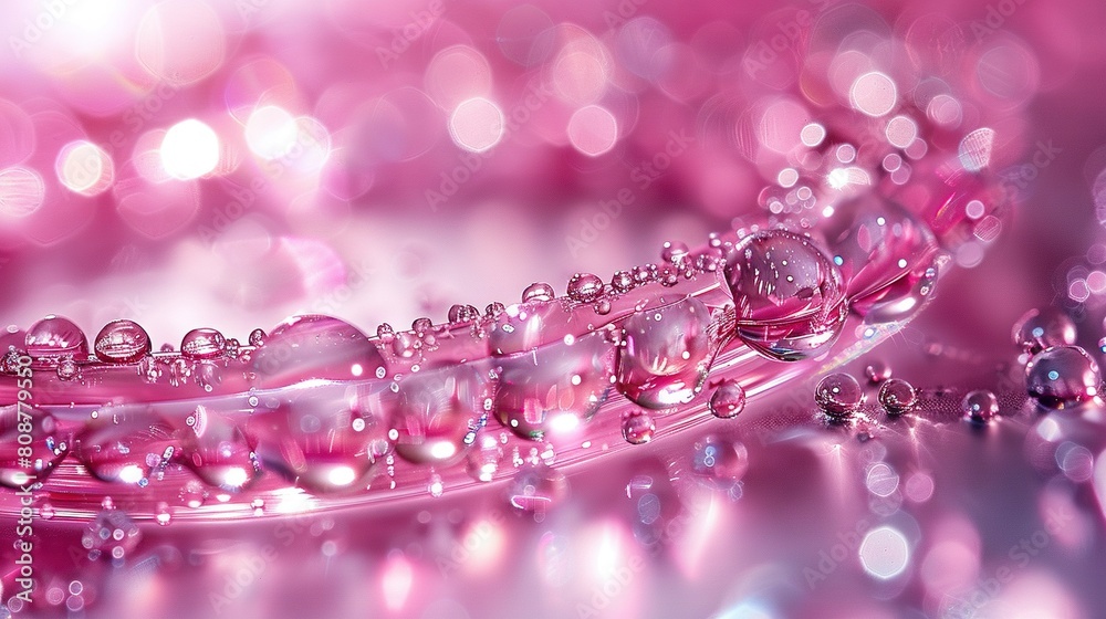 A pink background with a blurry boke of light surrounds a close-up water droplet A pink background with a blurry boke of light surrounds a close-up water droplet