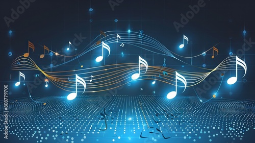   A group of musical notes drifts in midair against a blue backdrop, adorned with a harmonious pattern of musical notes photo