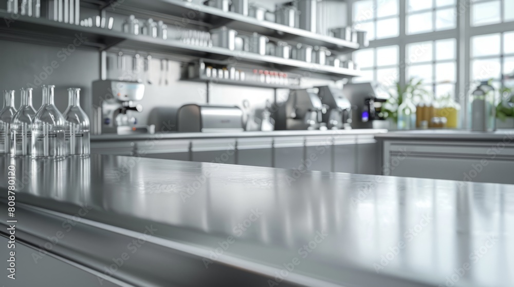 a modern laboratory with stainless steel countertops and shelves adorned with beakers and test tubes, showcasing scientific research and testing