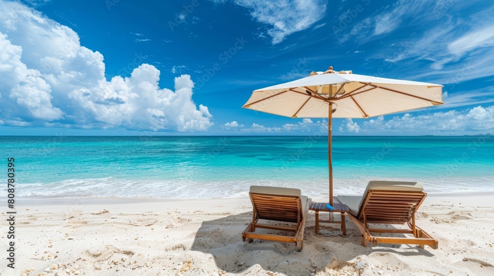 Obraz premium Beach umbrella and chairs on white sand with blue ocean background panorama banner