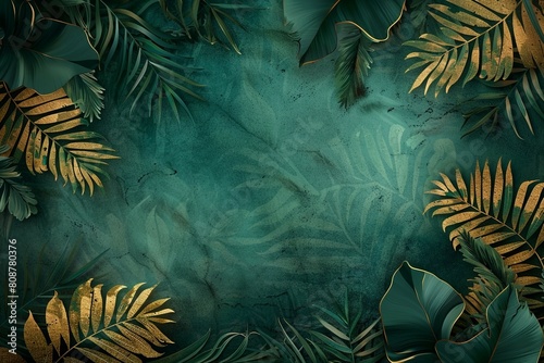 Tropical Leaves in Green and Gold Watercolor Background
