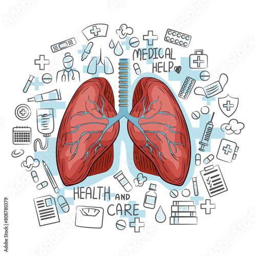 Detailed anatomical lungs surrounded by various medical icons, Vector illustration on a light blue background, concept of health and care. Vector illustration photo